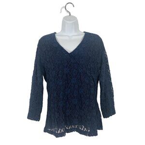 Covington Womens Navy Blue Lace Stretch Top 3/4 Sleeve V-Neckline Size Large